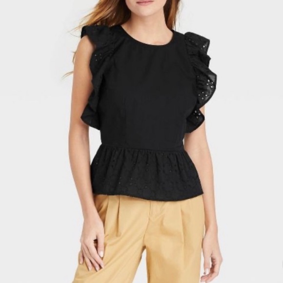 Who What Wear Target NWT black ruffle sleeve eyelet peplum blouse. - Picture 2 of 15